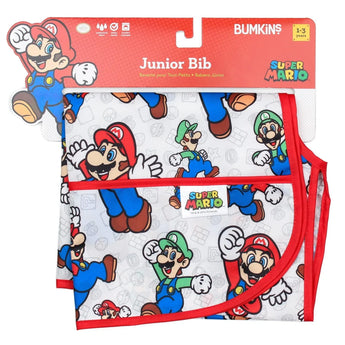 Bumkins Junior Bib: Super Mario™ & Luigi is shown folded on red cardboard packaging with a character illustration.