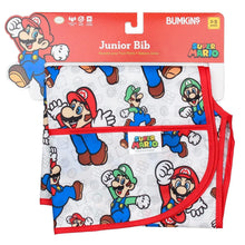 Load image into Gallery viewer, Bumkins Junior Bib: Super Mario™ & Luigi is shown folded on red cardboard packaging with a character illustration.