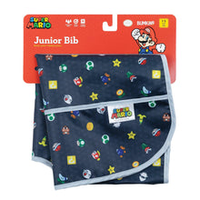 Load image into Gallery viewer, Bumkins Junior Bib: Super Mario™ Lineup is shown folded on red cardboard packaging with a character illustration.