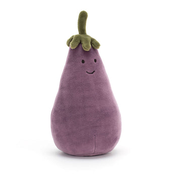 Jellycat Amuseables Eggplant: a plush purple toy with a green stem and a small, smiling face.