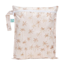 Load image into Gallery viewer, Bumkins Wet Bag: Palm Daze features a palm tree pattern on beige waterproof fabric, a white zipper, and handle with button.