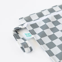 Load image into Gallery viewer, Close-up of Bumkins Wet Bag: Charcoal Check on a white background, with focus on the side handle, zipper, and logo tag.