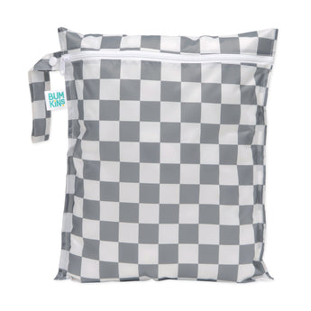 Bumkins Wet Bag: Charcoal Check features a gray and white checkered pattern on waterproof fabric, a zipper closure, and a side handle.