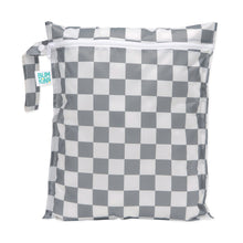 Load image into Gallery viewer, Bumkins Wet Bag: Charcoal Check features a gray and white checkered pattern on waterproof fabric, a zipper closure, and a side handle.