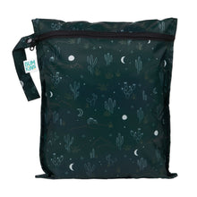 Load image into Gallery viewer, Bumkins Wet Bag: Starry Cactus is dark green waterproof bag with a cactus, star, and moon print and a black zipper.