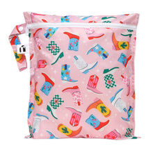Load image into Gallery viewer, Roamio by Bumkins Wet Bag: Boots features pink waterproof fabric with colorful cowboy boot patterns and a snap handle.