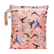 Load image into Gallery viewer, Bumkins Wet Bag: Yoga Pals—features a pattern of people and animals doing yoga, with heat-sealed seams, a zipper, and a side handle.