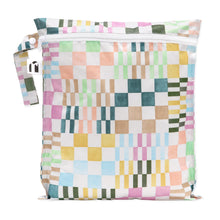 Load image into Gallery viewer, Roamio by Bumkins Wet Bag: Motley Check is a waterproof pouch with a colorful variegated checkered print, zipper closure, and side handle.