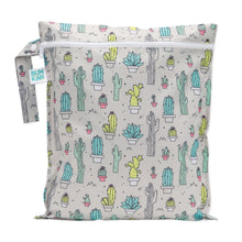 Load image into Gallery viewer, Bumkins Wet Bag: Cacti features cactus illustrations on gray waterproof fabric with a zipper closure and side handle.