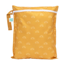 Load image into Gallery viewer, Bumkins Wet Bag: Sunshine has a yellow design with white sun pattern, a white zipper, and a waterproof fabric strap.