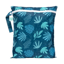 Load image into Gallery viewer, Bumkins Wet Bag: Blue Tropic is a zippered, dark blue waterproof bag with a side handle and blue leaf motif.