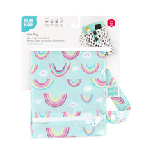 Load image into Gallery viewer, Bumkins Wet Bag: Rainbows is shown folded on white cardboard packaging.