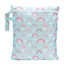Load image into Gallery viewer, Bumkins Wet Bag: Rainbows features a colorful rainbow and cloud design on light blue waterproof fabric with a side handle and zipper closure.