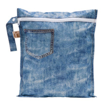 Load image into Gallery viewer, Roamio by Bumkins Wet Bag: Vintage Denim—zippered pouch with a small pocket design made of blue denim printed waterproof fabric.