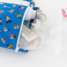 Load image into Gallery viewer, Bumkins Wet Bag: Mickey & Friends Forever holds a water bottle, tissues, and breast pump parts on a white background.