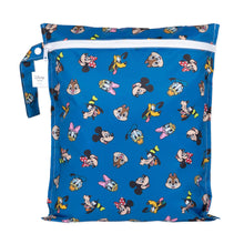 Load image into Gallery viewer, Bumkins Wet Bag: Mickey & Friends Forever featuring cartoon faces on blue waterproof fabric.
