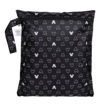 Bumkins Wet Bag: Mickey Mouse Icon Black + White is a black waterproof zippered pouch with a white Mickey Mouse silhouette pattern.