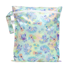 Load image into Gallery viewer, Bumkins Wet Bag: Aloha Stitch features pastel tropical patterns with Stitch illustrations, ukuleles, pineapples, and tropical leaves.