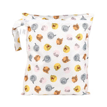 Load image into Gallery viewer, Bumkins Wet Bag: Winnie and Friends is a white waterproof bag featuring cartoon animals in colorful circles, with a zippered compartment.