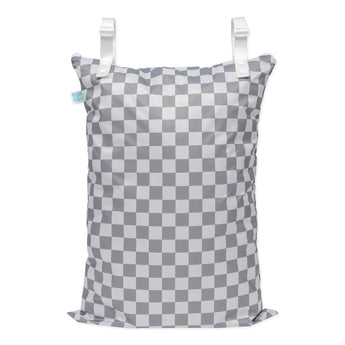 Bumkins Extra Large Wet Bag: Charcoal Check features waterproof fabric, a zipper, and adjustable snap handles.
