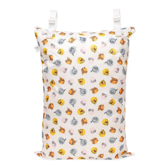 Bumkins Extra Large Wet Bag: Winnie + Friends features waterproof fabric and dual white straps, ideal for organizing laundry.