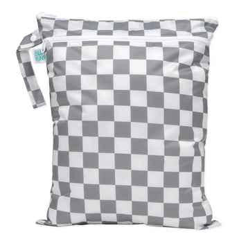 Bumkins Wet/Dry Bag: Charcoal Check is waterproof with two zippered compartments and a handle for odor-free storage of wet items.