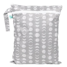 Load image into Gallery viewer, Bumkins Wet/Dry Bag: Lunar Phase is a waterproof gray pouch with a white moon phase pattern, with two zippered compartments.