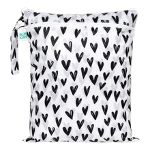 Load image into Gallery viewer, Bumkins Wet/Dry Bag: Hearts – white waterproof bag with black hearts, zipper top, and safety tested for peace of mind.