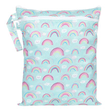 Load image into Gallery viewer, Bumkins Wet/Dry Bag: Rainbows is light blue waterproof pouch with pastel rainbows, clouds & raindrops and zipper closure.
