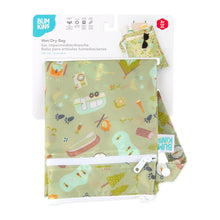 Load image into Gallery viewer, The Bumkins Wet/Dry Bag: Camp Gear features waterproof fabric and a camping print, shown packaged against a white background.