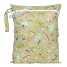 Load image into Gallery viewer, Bumkins Wet/Dry Bag: Camp Gear—beige with camping print, waterproof fabric, white zipper, and handle.