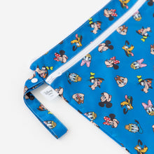 Load image into Gallery viewer, Close-up of Bumkins Wet/Dry Bag: Mickey & Friends Forever on a white background, showcasing the zipper and snap button strap.