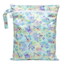 Load image into Gallery viewer, Bumkins Wet/Dry Bag: Aloha Stitch features tropical Stitch illustrations with guitars, leaves, and pineapples on waterproof fabric.