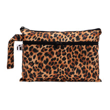 Load image into Gallery viewer, Roamio by Bumkins Wet/Dry Clutch: Leopard is made of leopard print waterproof fabric with two zippered compartments and side handle.