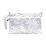 Roamio by Bumkins Wet/Dry Clutch: Disco Check features a gray & white mosaic pattern on waterproof fabric with two zippered compartments.