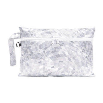 Roamio by Bumkins Wet/Dry Clutch: Disco Check features a gray & white mosaic pattern on waterproof fabric with two zippered compartments.