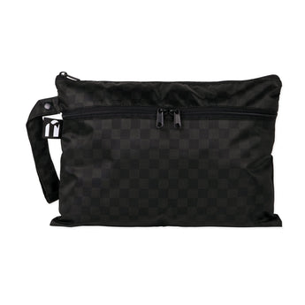 Roamio by Bumkins Wet/Dry Clutch: Rich Black features dual zippers, a handle strap, and black checkered waterproof fabric.