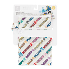 Load image into Gallery viewer, Bumkins Wet/Dry Clutch: Mickey & Friends Varsity is shown folded in its packaging.