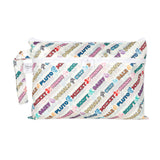 Bumkins Wet/Dry Clutch: Mickey & Friends Varsity is a white waterproof pouch with colorful Disney character names like Mickey and Minnie.