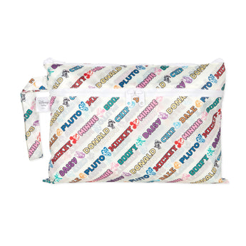 Bumkins Wet/Dry Clutch: Mickey & Friends Varsity is a white waterproof pouch with colorful Disney character names like Mickey and Minnie.