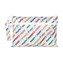 Load image into Gallery viewer, Bumkins Wet/Dry Clutch: Mickey & Friends Varsity is a white waterproof pouch with colorful Disney character names like Mickey and Minnie.