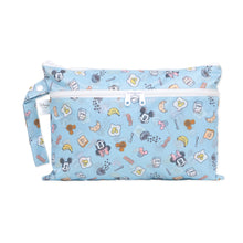 Load image into Gallery viewer, Bumkins Wet/Dry Clutch: Mickey + Minnie Sunny Side Up features waterproof fabric, cartoon prints, white zippers, and a handy strap.