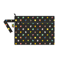 Load image into Gallery viewer, Bumkins Wet/Dry Clutch: Super Mario™ Lineup is a zippered waterproof pouch with two compartments and video game designs.