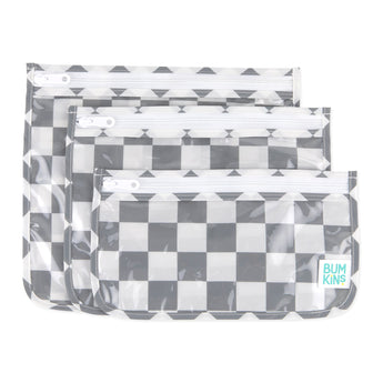 Bumkins Clear Travel Bag 3 Pack: Charcoal Check includes three TSA-compliant pouches with zippers and a clear front, ideal for travel.