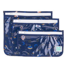 Load image into Gallery viewer, Bumkins Clear Travel Bag 3 Pack: Evil Eye includes three TSA-compliant pouches in blue waterproof fabric with a celestial print.