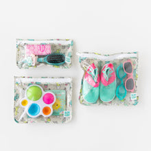 Load image into Gallery viewer, Bumkins Clear Travel Bag 3-Pack: Cacti is neatly arranged on a white background with toys, shoes, goggles, sunglasses, & hairbrush inside.