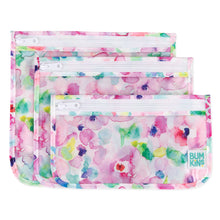 Load image into Gallery viewer, Bumkins Clear Travel Bag 3-Pack: Watercolor features 3 TSA-compliant pastel floral bags made of waterproof fabric with a clear front.