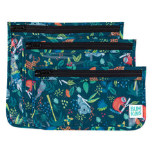 Load image into Gallery viewer, Bumkins Clear Travel Bag 3-Pack: Jungle includes 3 TSA-compliant pouches made of dark blue waterproof fabric with animal illustrations.