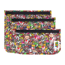 Load image into Gallery viewer, Bumkins Clear Travel Bag 3-Pack: Super Mario™ Mashup includes 3 TSA-compliant clear-front zippered pouches with character illustrations.