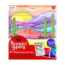 Load image into Gallery viewer, Desert Getaway DIY Watercolor Kit by OOLY: Includes paints, brush, outlined art & postcards. Ages 8+. Box art: desert landscape, cacti, sunset.